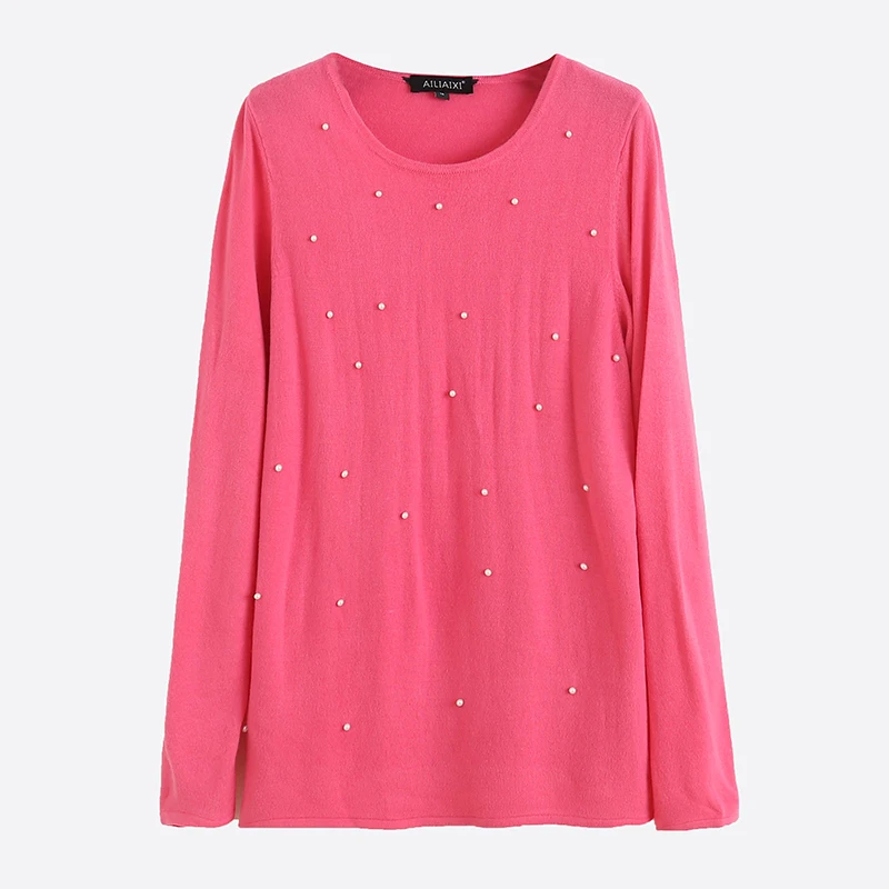 

Весенне-осенний новый женский свободный вязаный длинный светящийся круглый свитер чистого цвета с узором Moisture ng для поездок на работу