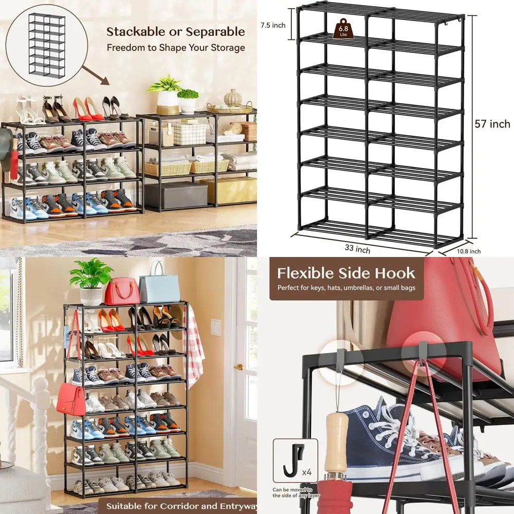 

Металлическая 2-рядная 8-ярусная полка-органайзер для обуви, вмещает 32-40 пар, регулируемая и складная, черная