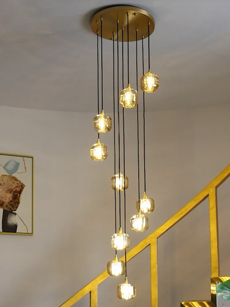 

All-copper rotating staircase long chandelier duplex hollow jump second floor modern light luxury crystal lamp villa lamps