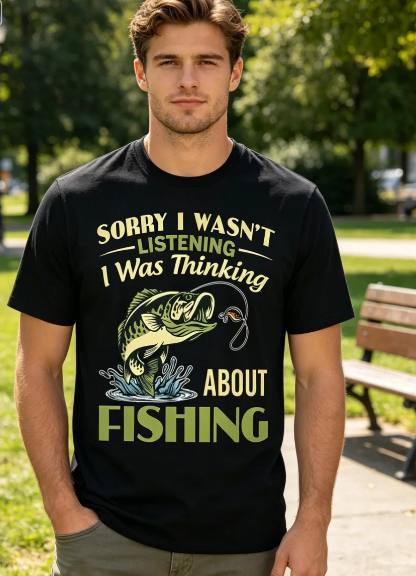 Men's Sorry Tshirt Wasn't Listening Fishing Graphic Tshirt Quickdry Crew Neck Regular Fit Black with Yellow Print Top for Daily
