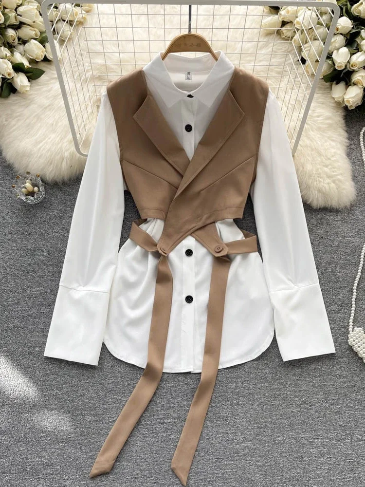 Hikigawa Chic Fashion Women Vintage Elegant Office Lady 2 Sets Autumn Casual All Match White Shirts + Slim Vest New 2 Sets Mujer