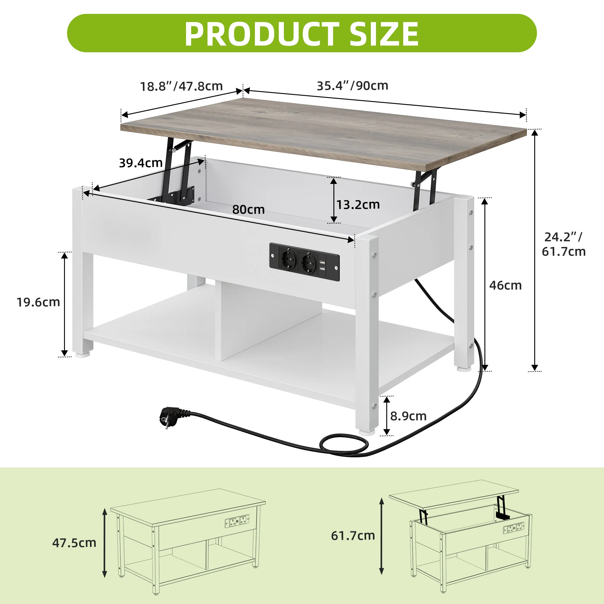 YITAHOME White/Grey Lift Table - Adjustable Height with 2 Storage Levels & Hidden LED Compartment