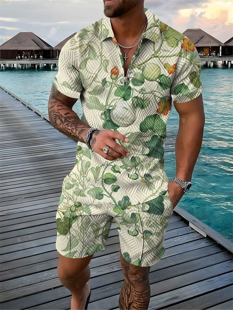 Polo shirt and shorts suit 3D plant flower print men's sportswear fashion flower pattern loose short-sleeved top + shorts suit