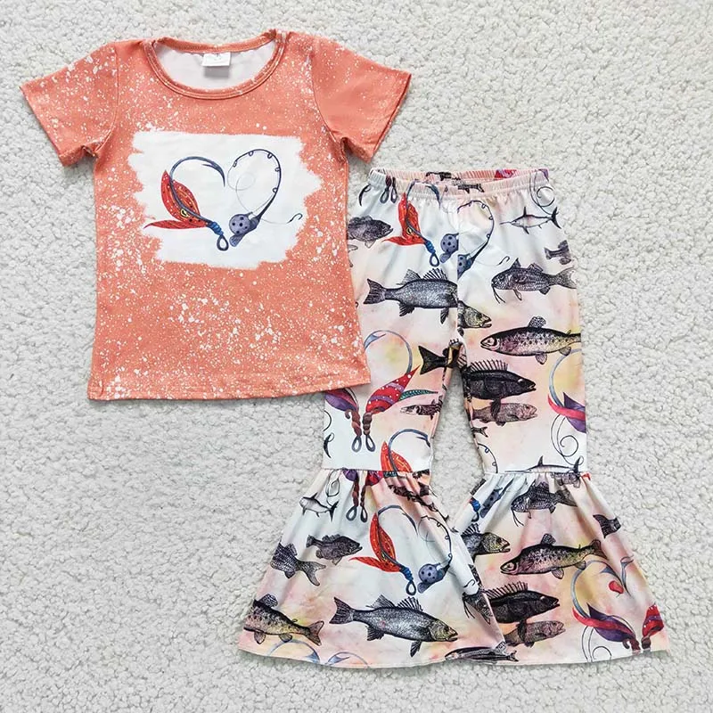 

Baby Girl Valentine's Day Kids Love Set Toddler Short Sleeves Shirt Tee Fishing Heart Outfit Children Spring Bell Bottom Pants