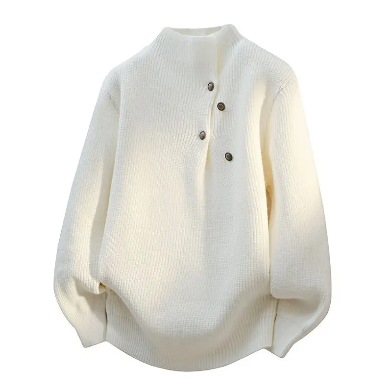 This Retro New Autumn and Winter Sweater with Button-designed High-neck Loose Sweater Base Layer Laid-back High-end and Casual