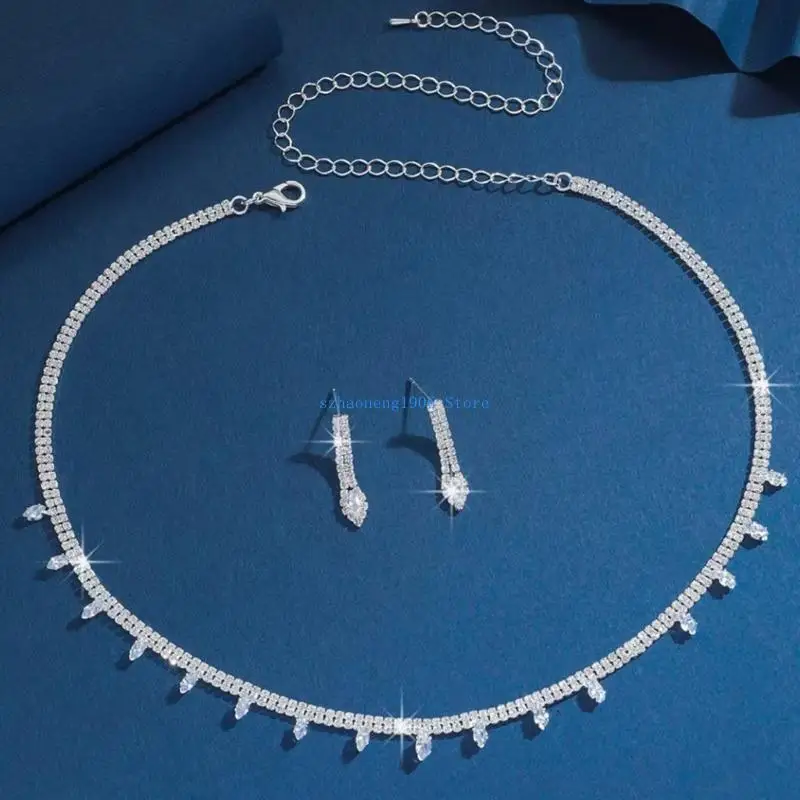 

85LF Dazzling Formal Event Jewelry Set Luxurious Crystal Necklace Earring Set for Bride and Formal Event