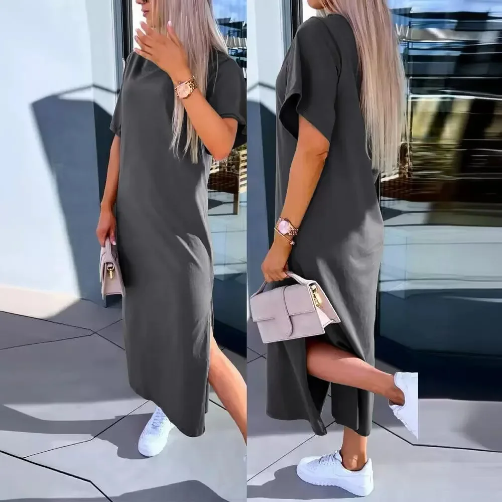 Rozcięcie Casual Dress Women Round Neck Long Dresses Short Sleeve Y2k Loose Casual Splice Elegant Mid Length Vestidos 2024 Summer