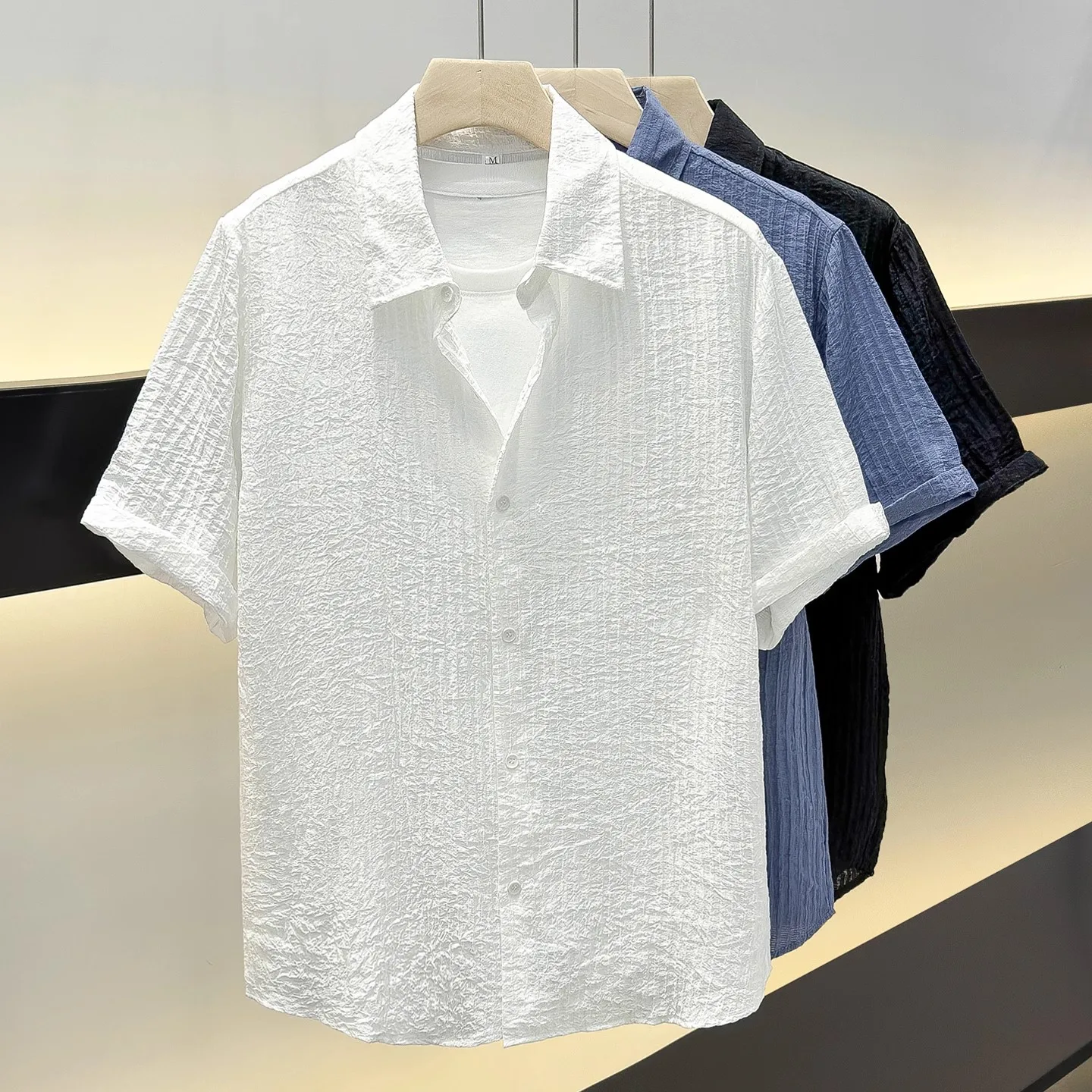 

Мужская рубашка из ледяного шелка с текстурными полосками, дышащая, тонкая, летняя, с охлаждающим эффектом, модная, на пуговицах