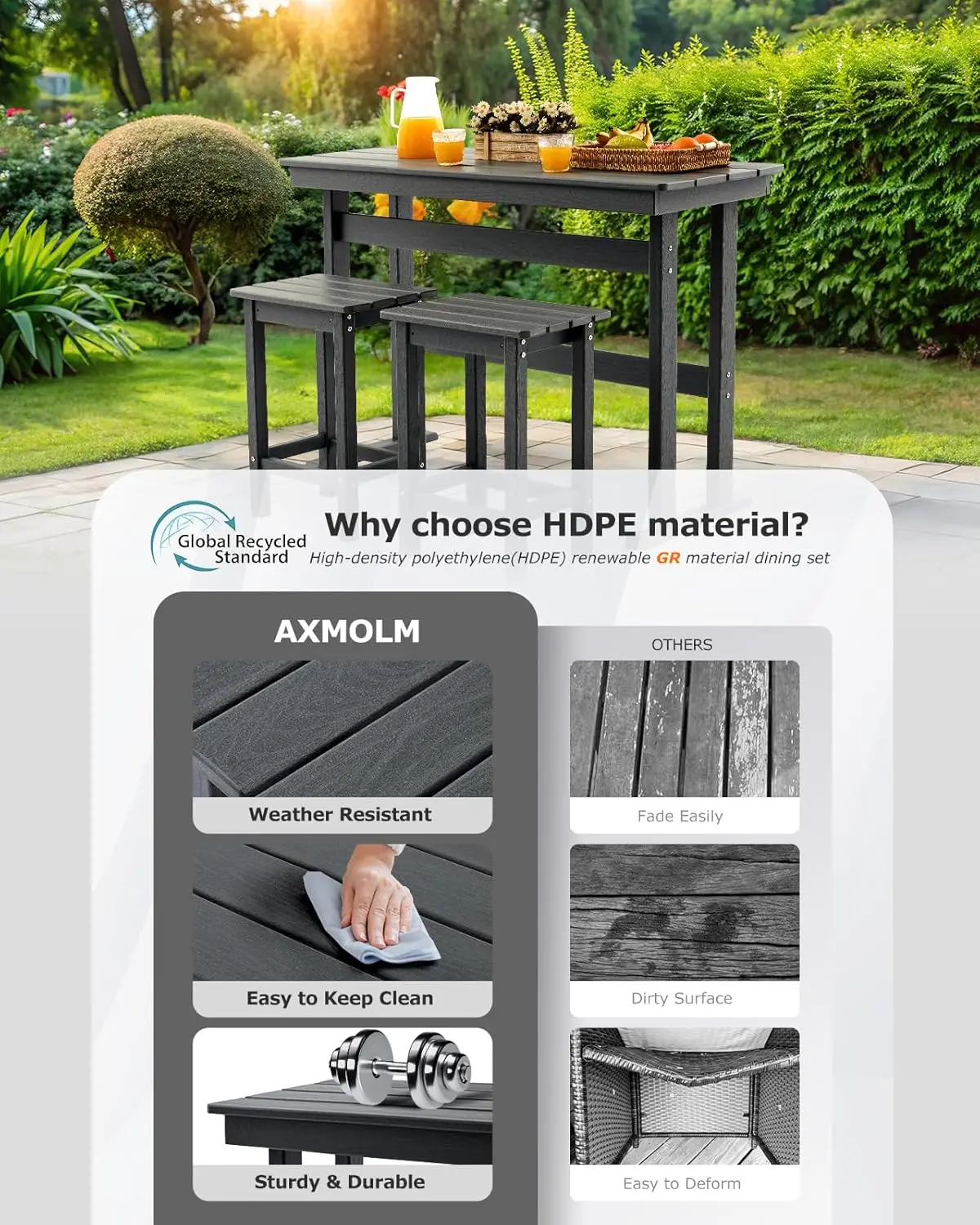 HDPE Outdoor Bar Height Patio Table, 54” All-Weather Outdoor High Top Tall Pub Rectangular Bar Table for Balcony, Backyard, Gard