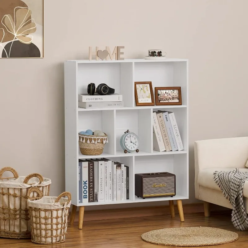 FREE SHIP.White Bookshelf,3 Tier Book Shelf with Legs, 7 Cube Minimalist Bookcase,Storage Organizer Shelves Display Bookc