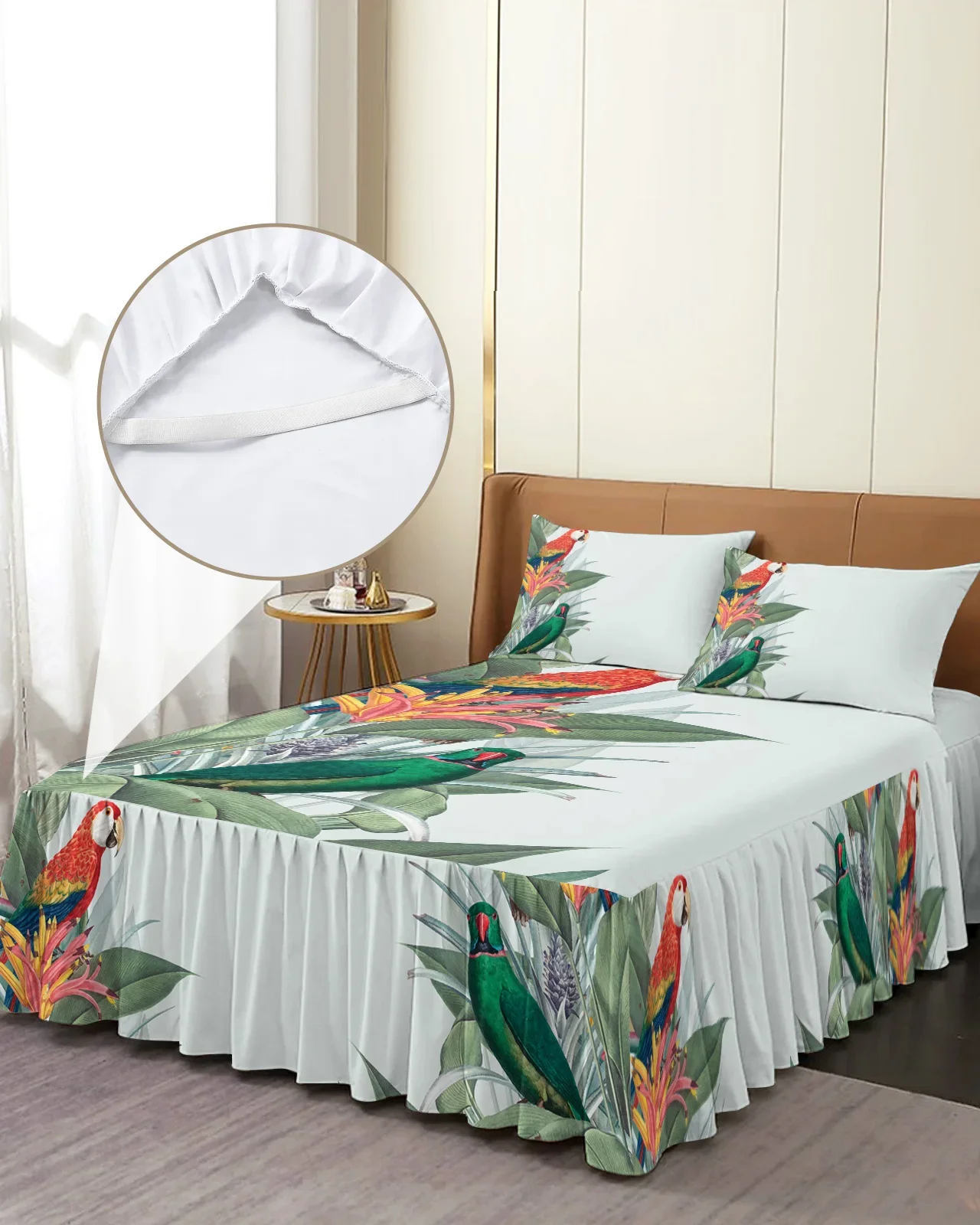 

Parrot Bird Flower Leaves Bed Skirt Elastic Fitted Bedspread With Pillowcases Bed Protector Mattress Cover Bedding Set Bed Sheet