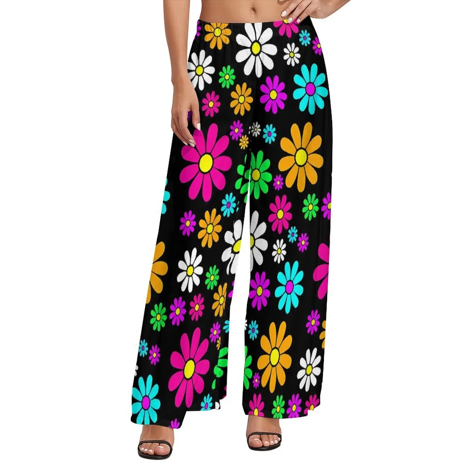 Flower Power Pants Hippie Groovy Daisies Casual Wide Leg Pants Womens Big Size Street Wear Custom Straight Trousers