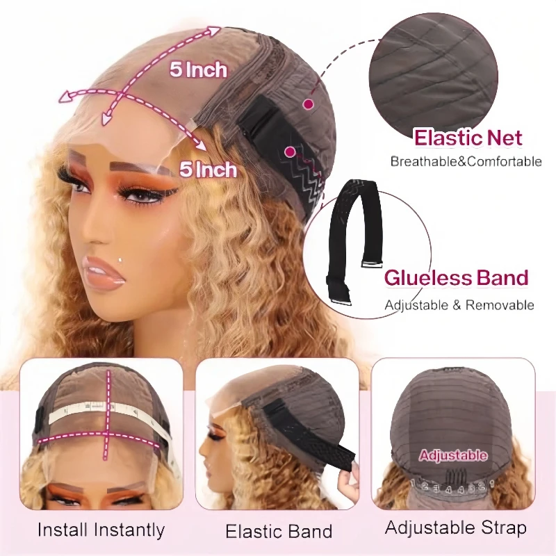 Deep Wave Bob Wig Human Hair Glueless Highlight 5x5 HD Lace Front 220% Density 4/27 Colored Ombre Wear and Go Human Hair Wigs image 4