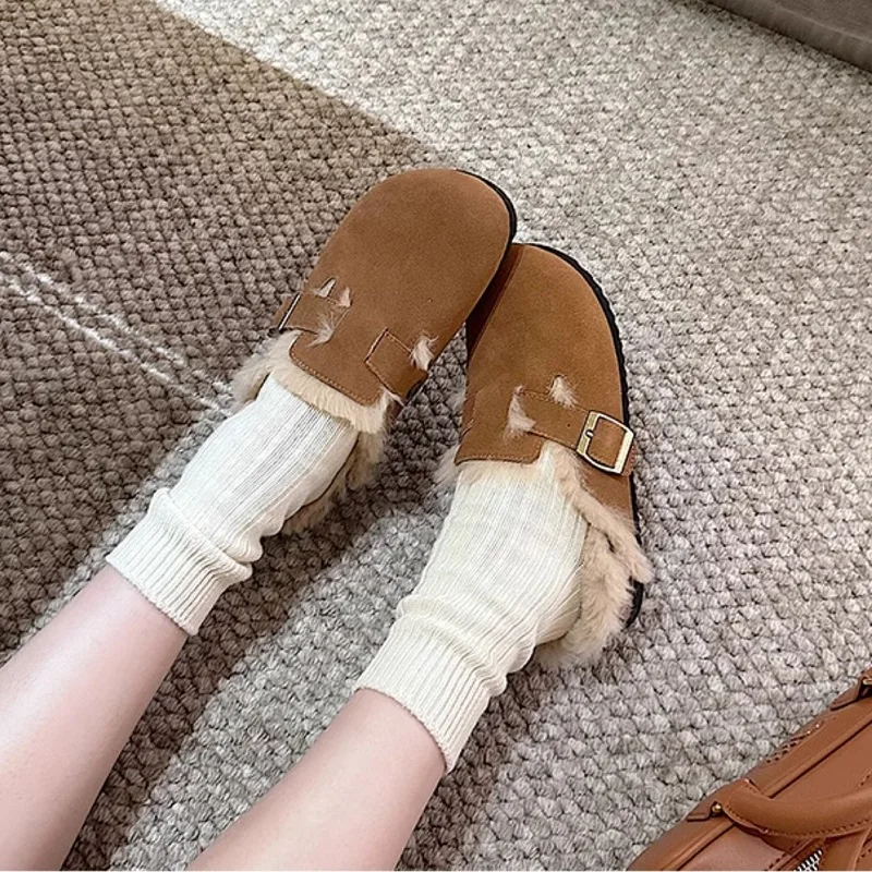 Women\'s Fur Flats Cow Suede Slippers Brand Mules Slip On Winter Shoes Designer Warm Shoes Outwear Buckle Slippers Spring Shoes