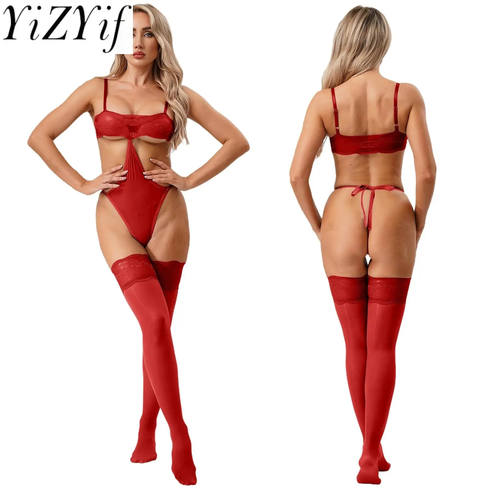 

Women Adult Lingerie Floral Lace Body-stockings Cutout T-back Bodysuit with High Thigh Stockings for Lingerie Flirting Nightwear