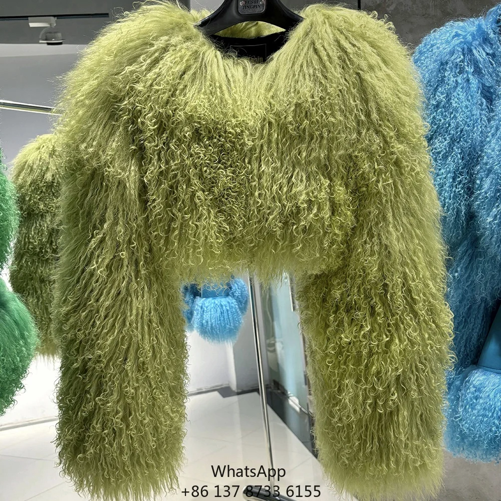 

Оригинальные короткие шубы из меха 2025 года, оливково-зеленые, зимняя модная одежда из монгольского меха, женское пальто