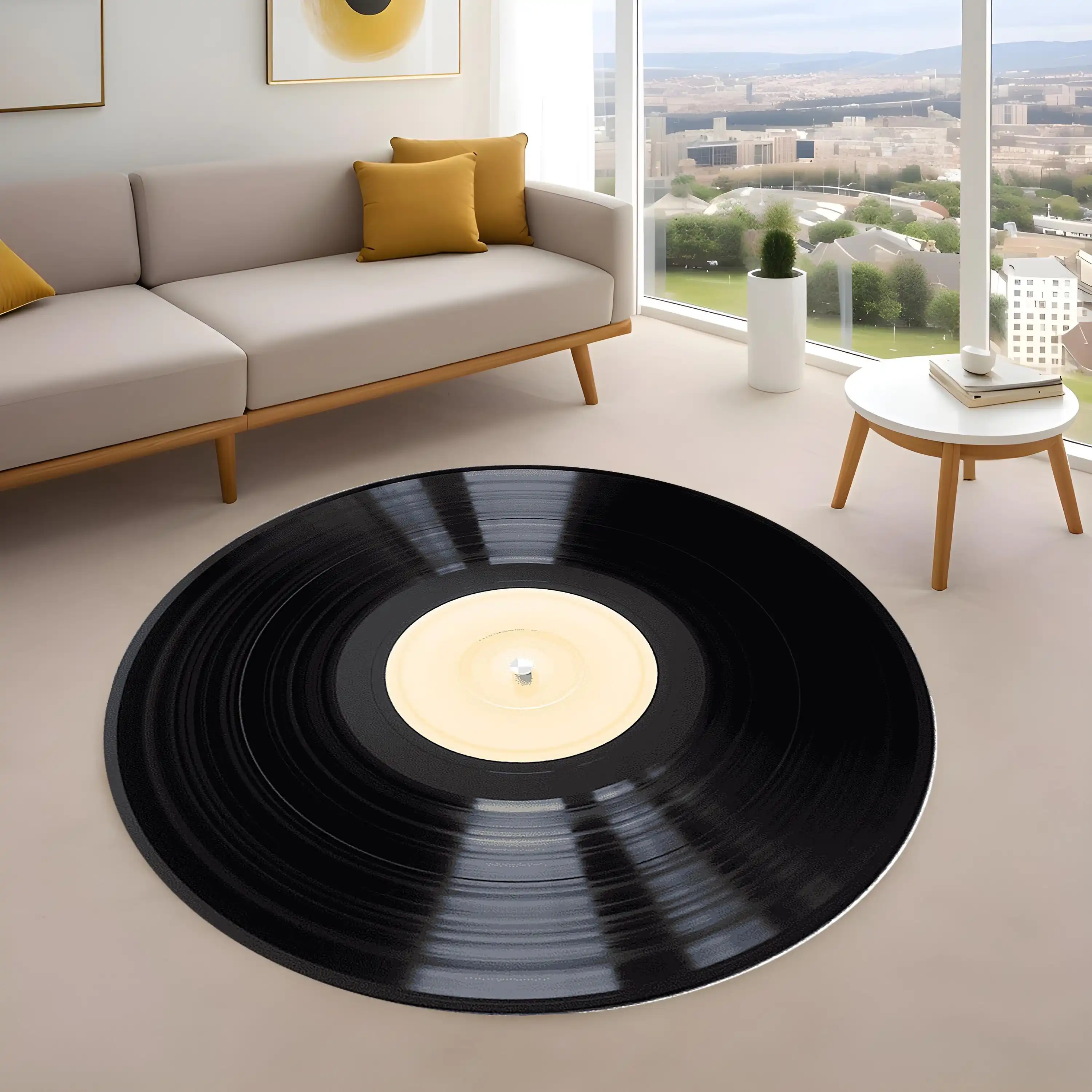 Minimalist Black Red Round Area Rug Retro Vinyl Record Circle Carpet Washable Non Slip Studio Living Room Decoration