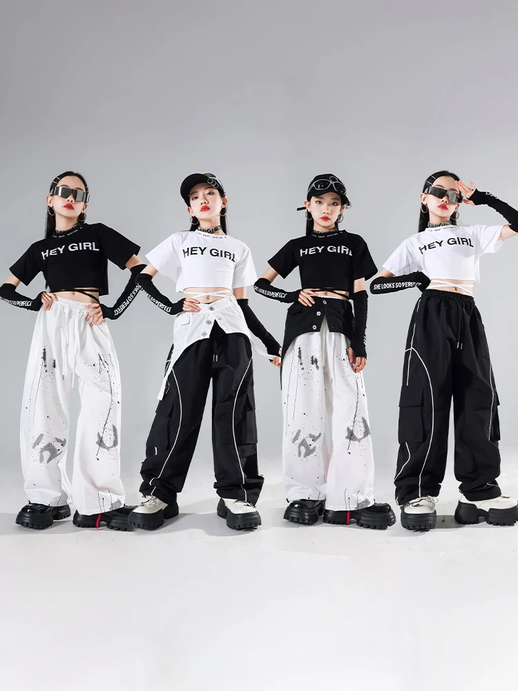 2024 Children Clothing Jazz Dance Costumes For Girls Crop Tops Loose Pants Street Dance Wear Hip Hop Dance Rave Clothes DQS16658