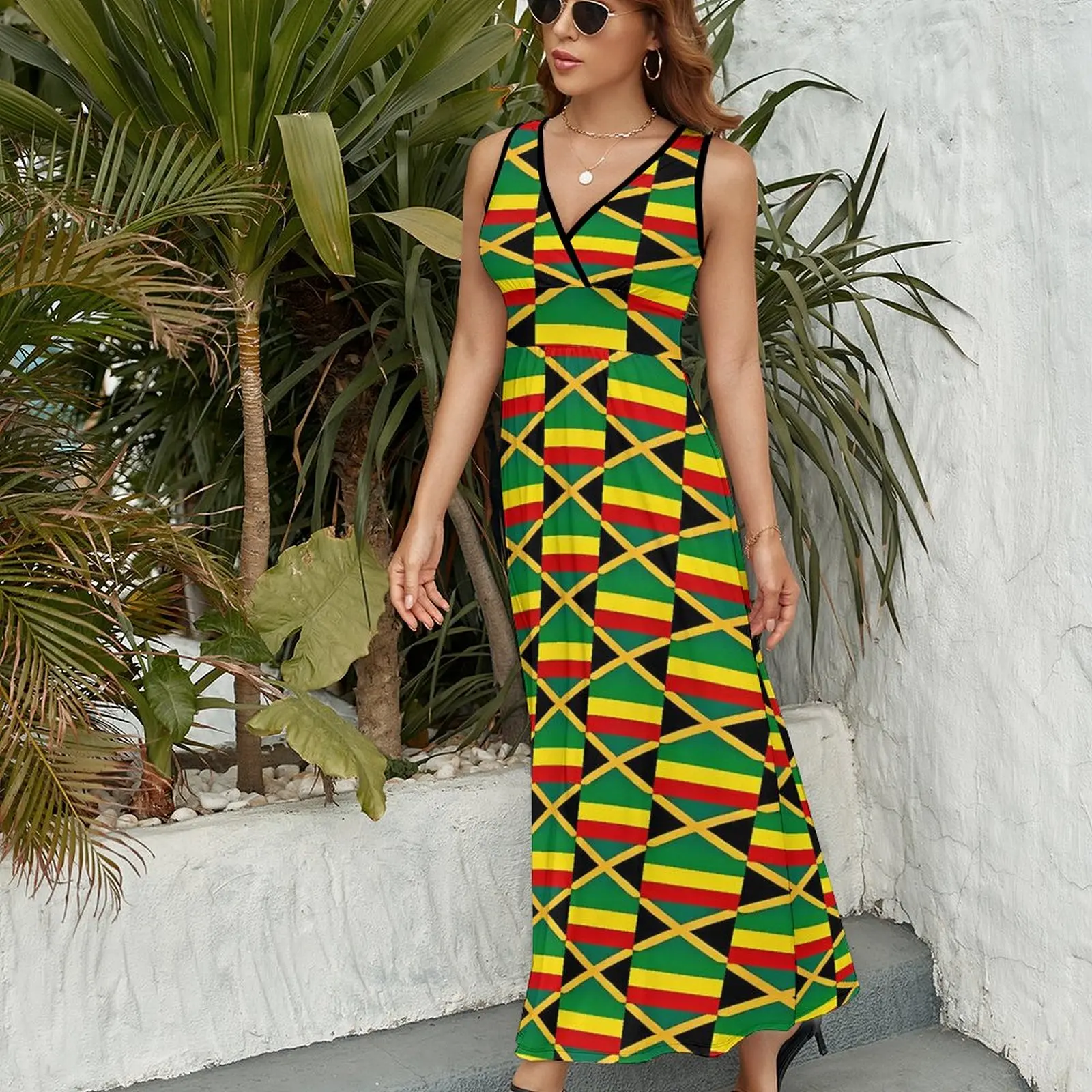 Jamaican Flag Dress Woman Flag of Jamaica Club Maxi Dress V Neck High Waist Street Style Pattern Boho Beach Long Dresses