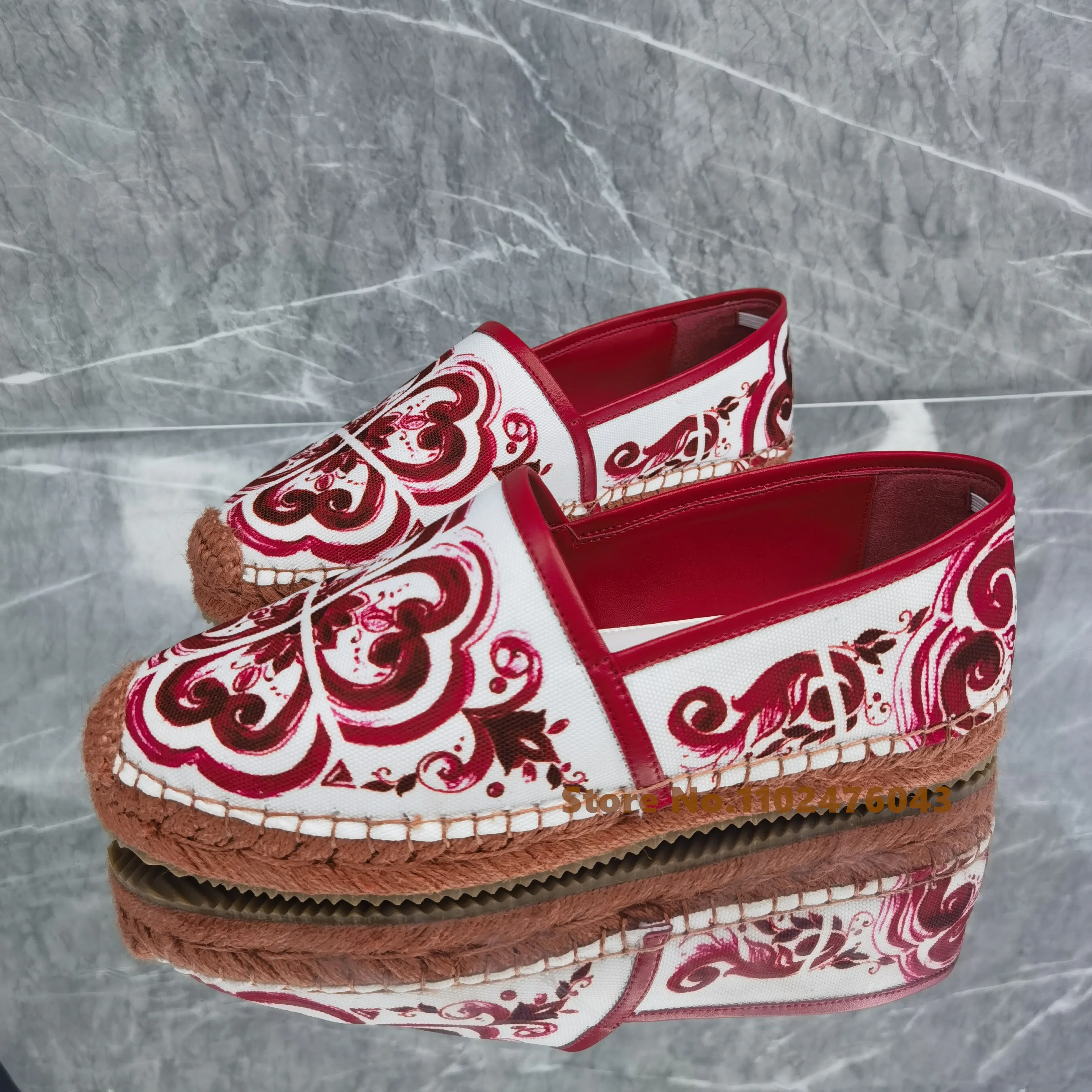 

Red Flower Print Flat Sandals Women Casual Blue White Totem Ethnic Espadrilles Mixed Colors Round Toe Embroidery Mules Shoes