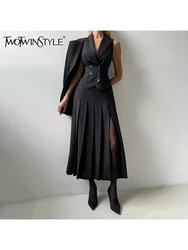 TWOTWINSTYLE Slimming Two Piece Set For Women Lapel Sleeveless Tunic Waistcoat High Waist A Line Skirt Chic Set Female Fashion
