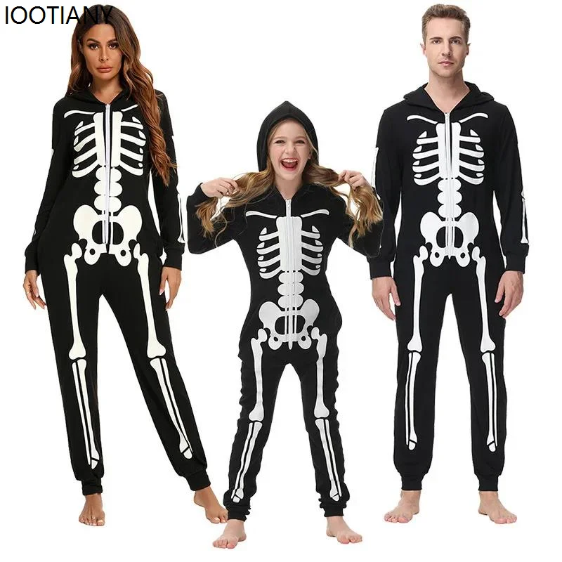 

Kids Adult Skeleton Cosplay Hooded Jumpsuit Unisex Halloween Party Performance Parent-child Costume Festival Clothes Rave Outfit