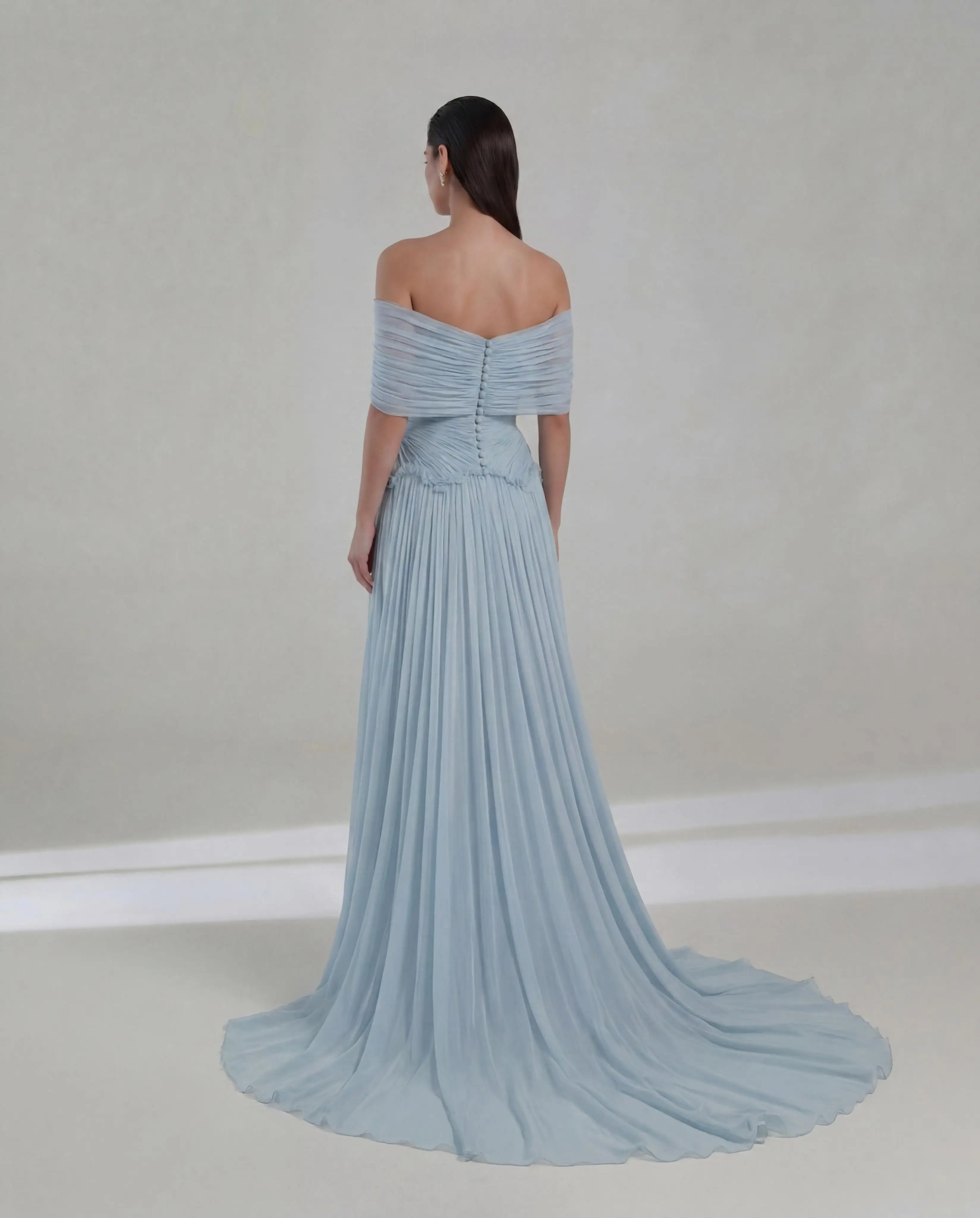 Customized Elegant Blue A-Line Evening Dresses Sweetheart Off the Shoulder Buttons Rhinestones Sweep Train Occasion Gowns image 3