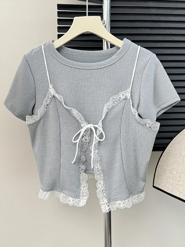 2024 Summer Two Piece Set O Neck Short Sleeve T Shirts Lace Patchwork Tanks Solid Color Crop Tops All Match Women\'s Clothing