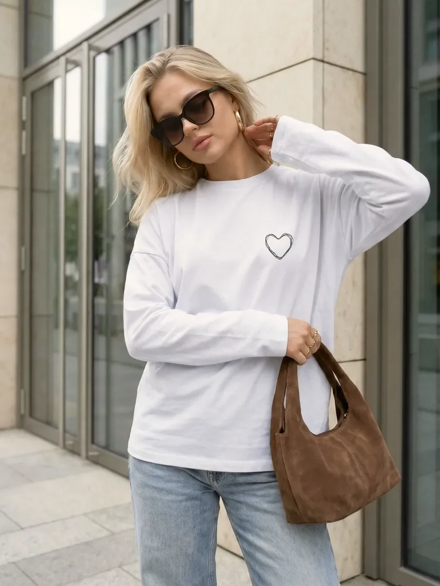 Spring Autumn Women's Loose Casual Basic T‑Shirt100% Cotton Long Sleeve Simple Hand Drawn Outline Heart Print Oversized Top