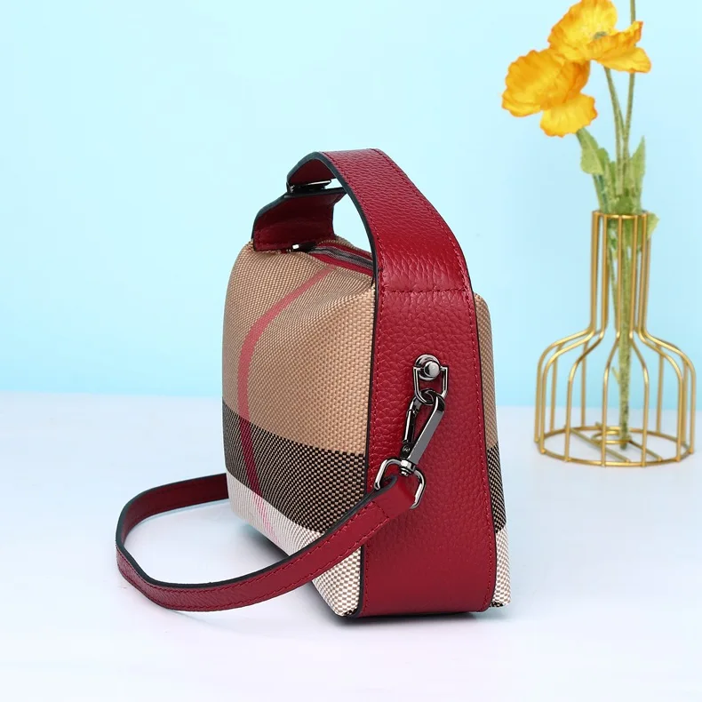 Cowhide Leather Female Bag Super Luxury Women Designer Handbags Plaid Canvas Small Crossbody Shoulder Bag Ladies Hand Bag Purses