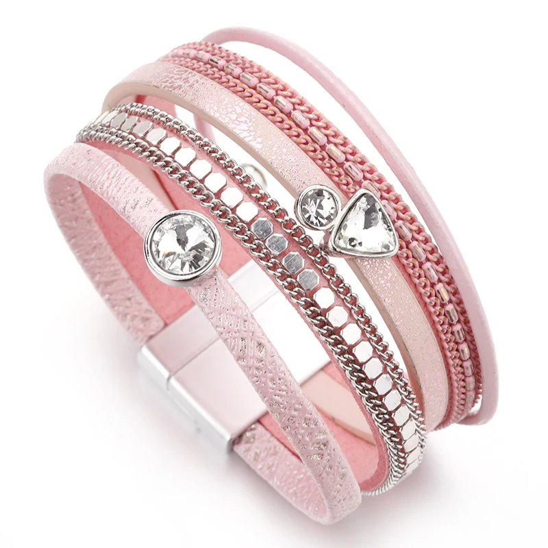 Amorcome-pulsera de cuero multicapa para mujer, brazalete con cuentas de cristal y diamantes de imitación, joyería magnética