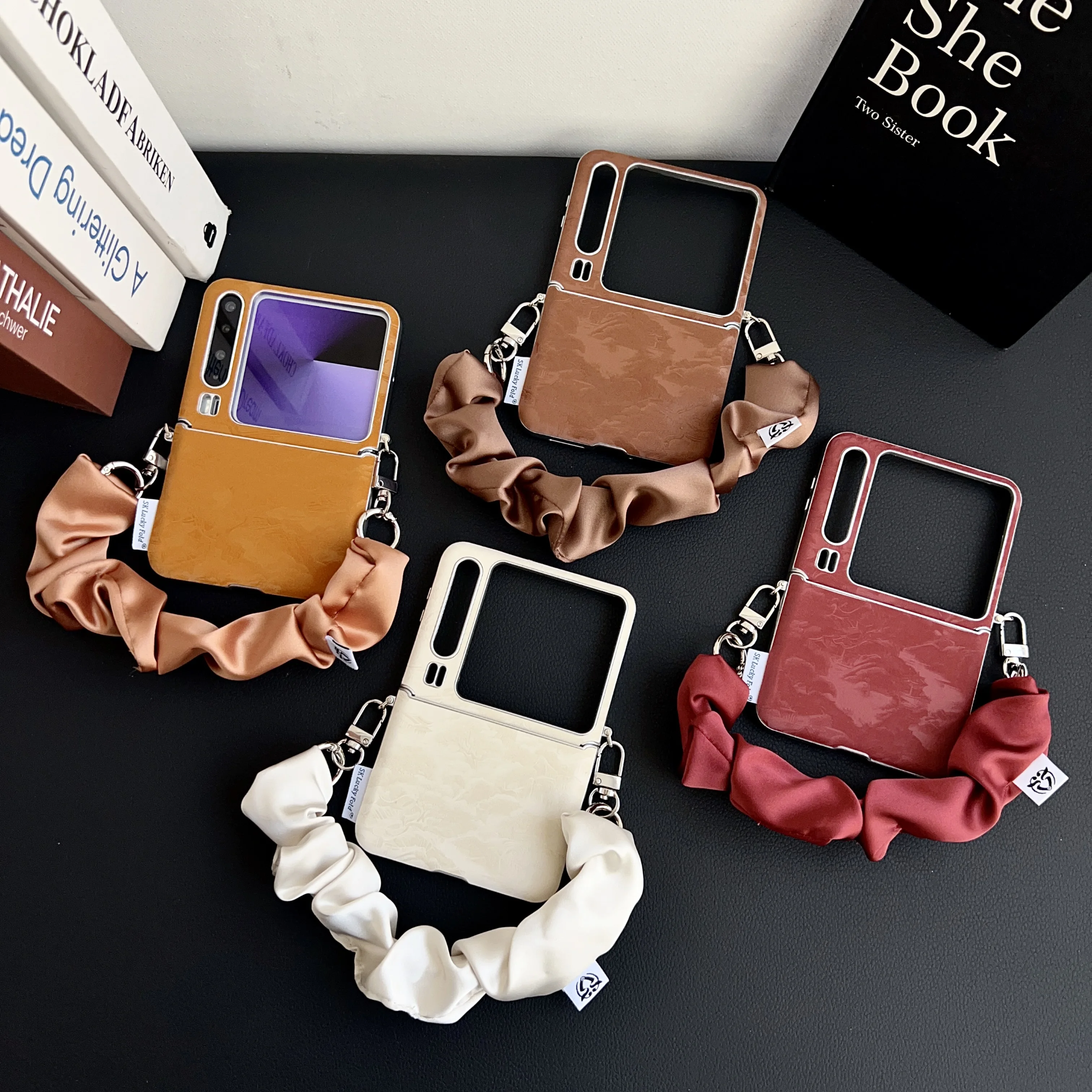 

Back Cover For Huawei Pura X Pocket2 Case Landscape Painting Pattern Pu Leather Cloth Strip Chain Hard PC Shockproof Phone Case
