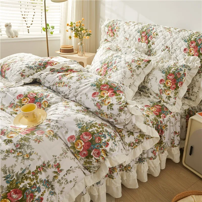 100%Cotton Vintage Bloom Flowers Ruffle Chic Bedding set Duvet Cover Pillowcases 150X200cm/180X200cm/200X200cm Quilted Bedskirt