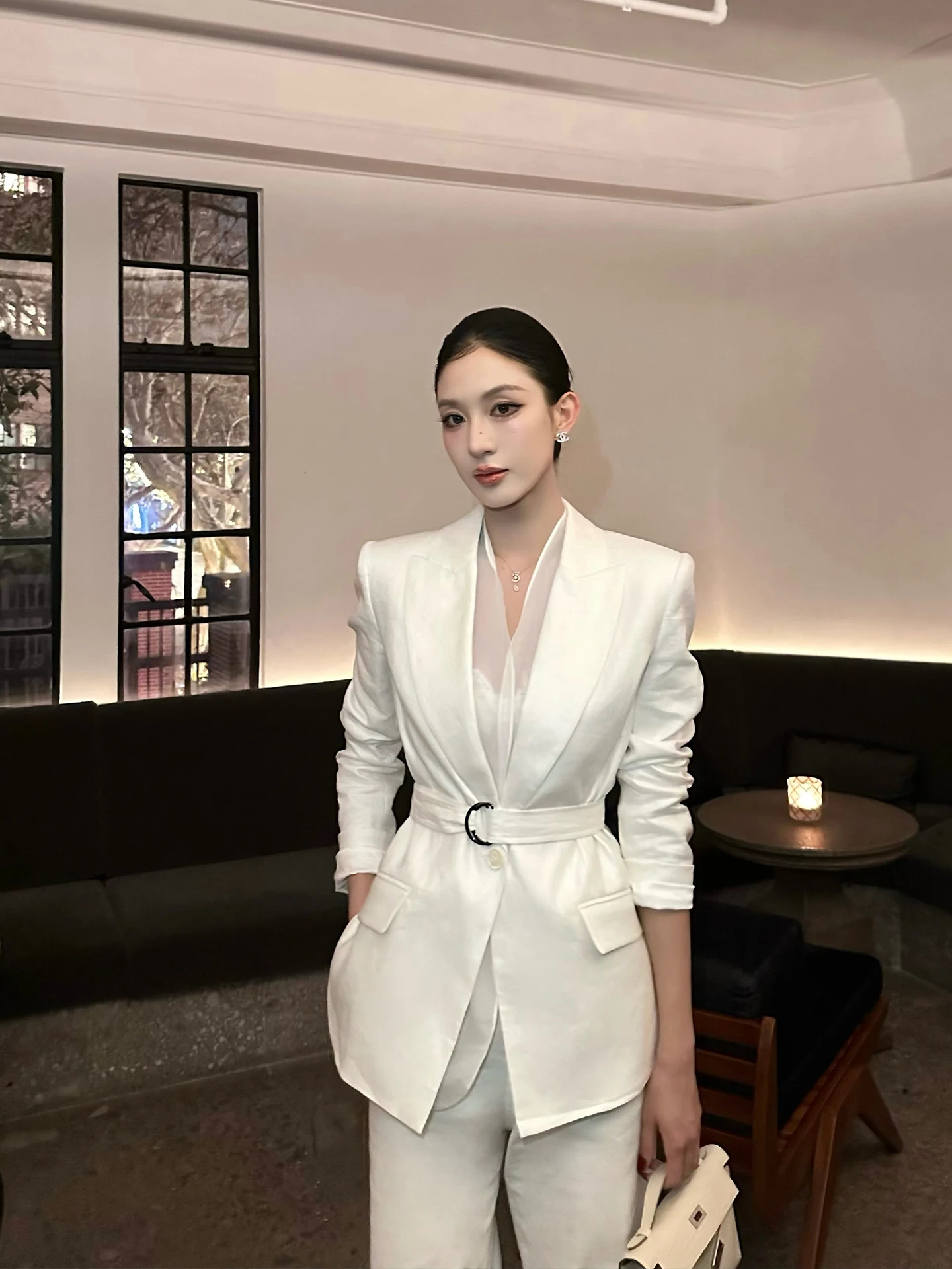 

White Linen Suit Vest Two-Piece Set Ele Simple Belted Outerwear Faionable Vintage Sle Women's Spring Wardrobe entials