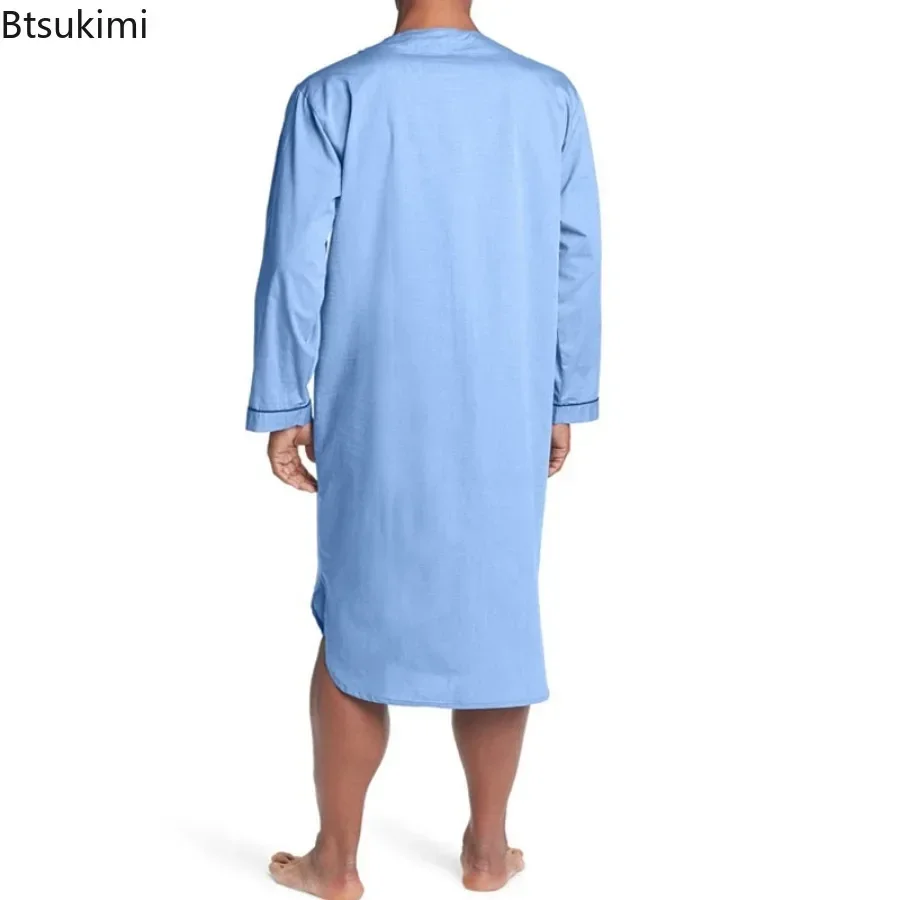 New Men Night Robe Loose V-neck Long Sleeve Nightgown Solid Cotton Comfort Tops Casual Homewear Muslim Men Clothing Jubba Thobe