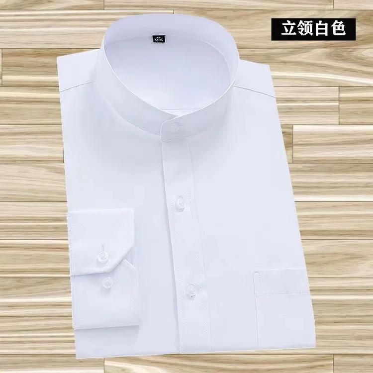 Chinese Mandarin Collar Dress Shirts Men Solid Vintage Stand-Collar Long Sleeve Business Formal Tang Style Plain Shirt