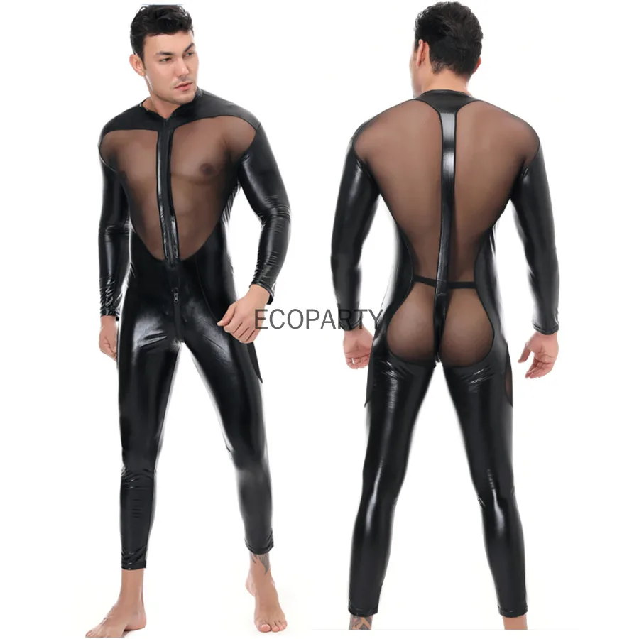 Men Faux Leather Stretch Catsuit Sexy Transparent Mesh Zipper Open Crotch Erotic Tight PVC Bodysuit  Fetish Costumes ecoparty