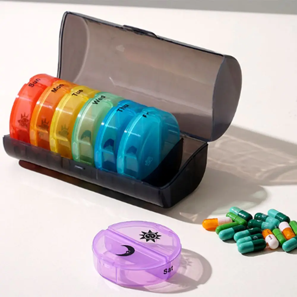 Drug Container 7-Day Splitter Pill Organizer AM/PM Compartments Week Mark Rainbow Pill Box Dust-proof Reusable Daily Pill Box