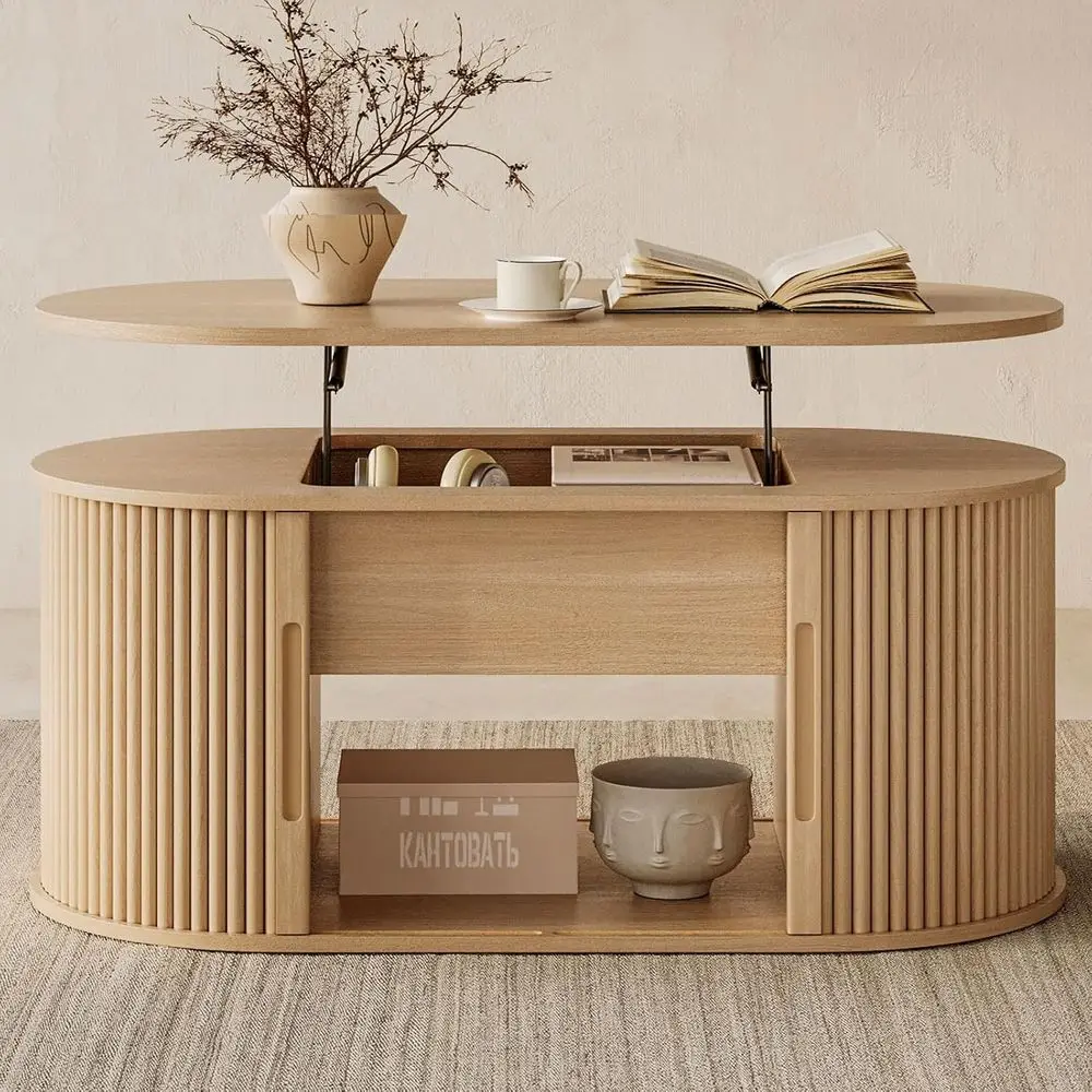 Lit Top Coffee Table, Oval Luted Coffee Table with Storage, Boho Wooden Coffee Tables with Sliding Tambour Door, 39 Center Table