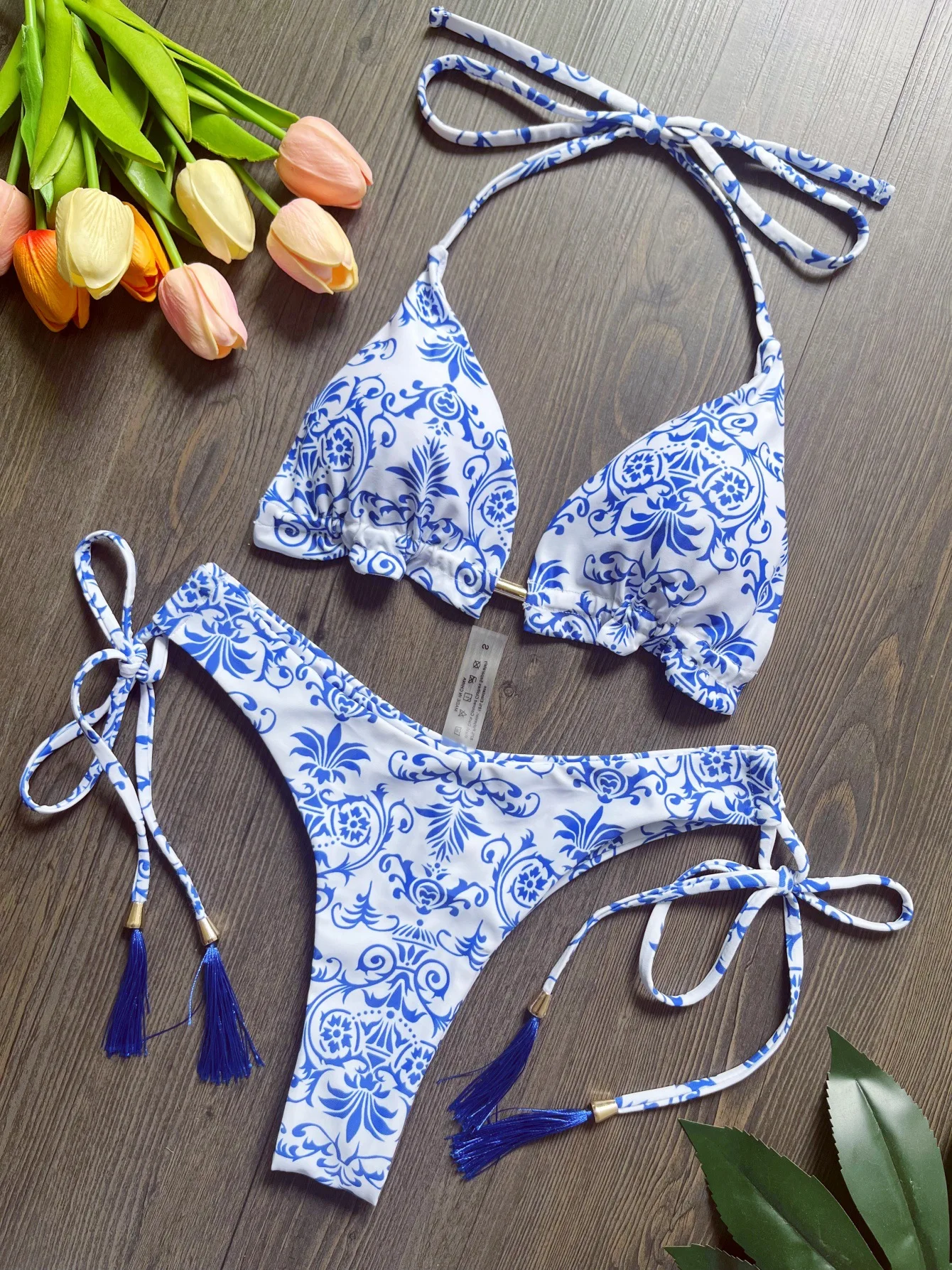 Blue and White Porcelain Printing Bikini Set Woman's Summer Swimsuit Two Piece Swimwear