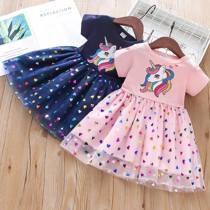 2024 Summer Baby Girls Cartoon Unicorn Dress Cotton Mesh Party Princess Dresses For 2-6 Years Children Kids Clothes