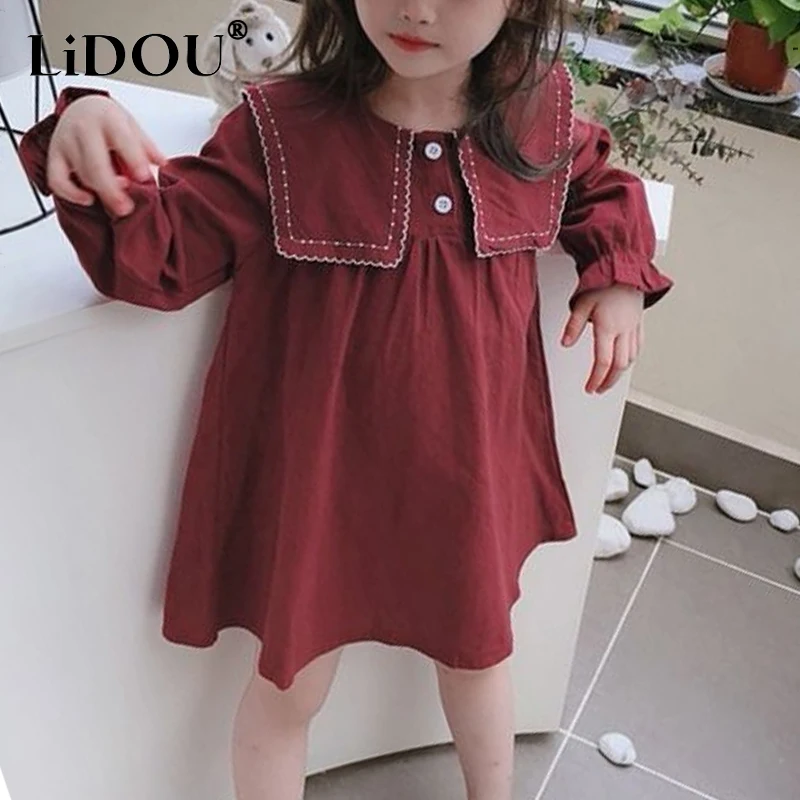 2023 New Autumn Korean Fashion Sweet Aesthetic Vintage Grace Chic Cute Kawaii Cartoon Dress Solid Color Clothes Children Girl