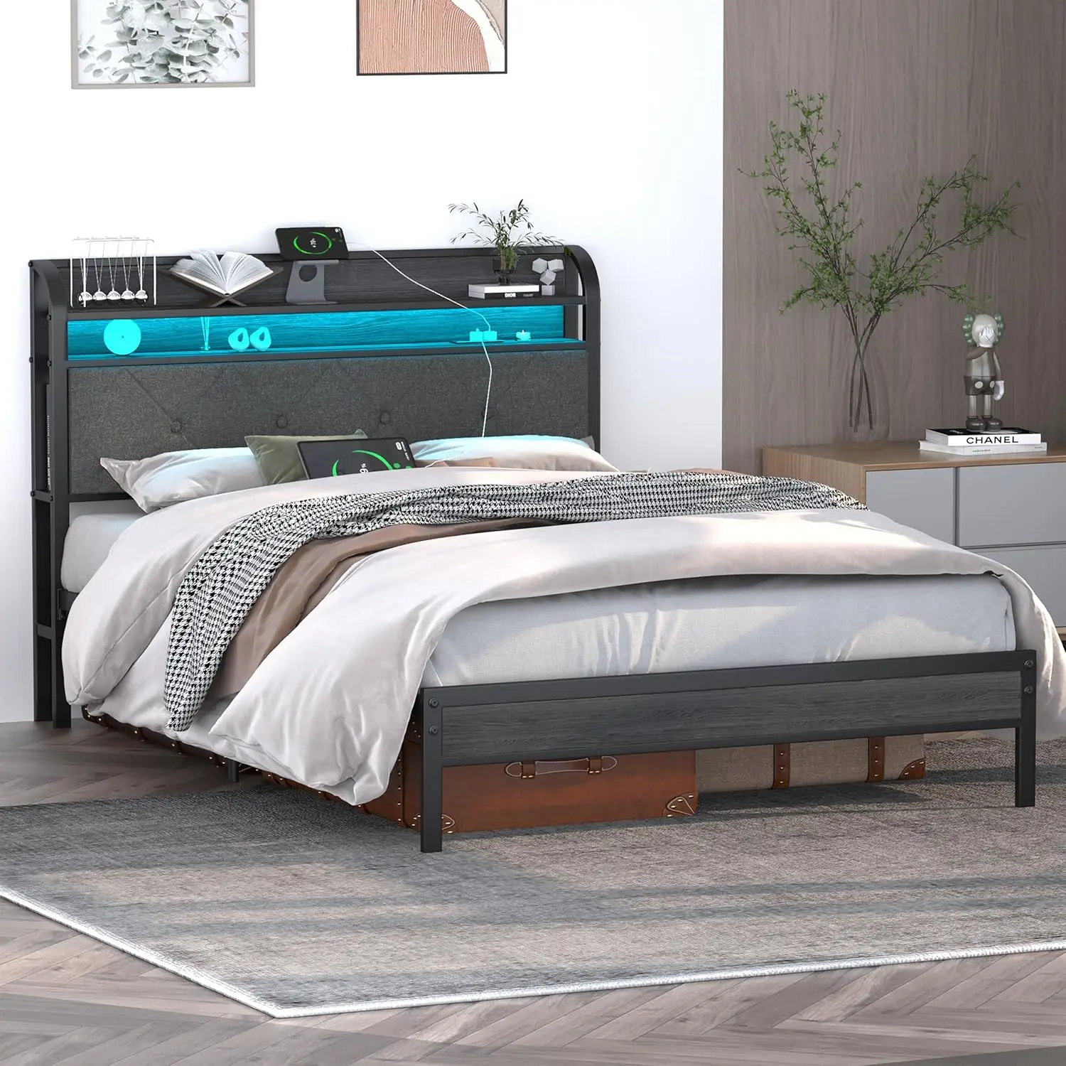 Bed Frame With Charging Station And Led Lights, Upholstered Headboard With Storage Shelves (Full, Dark Grey)