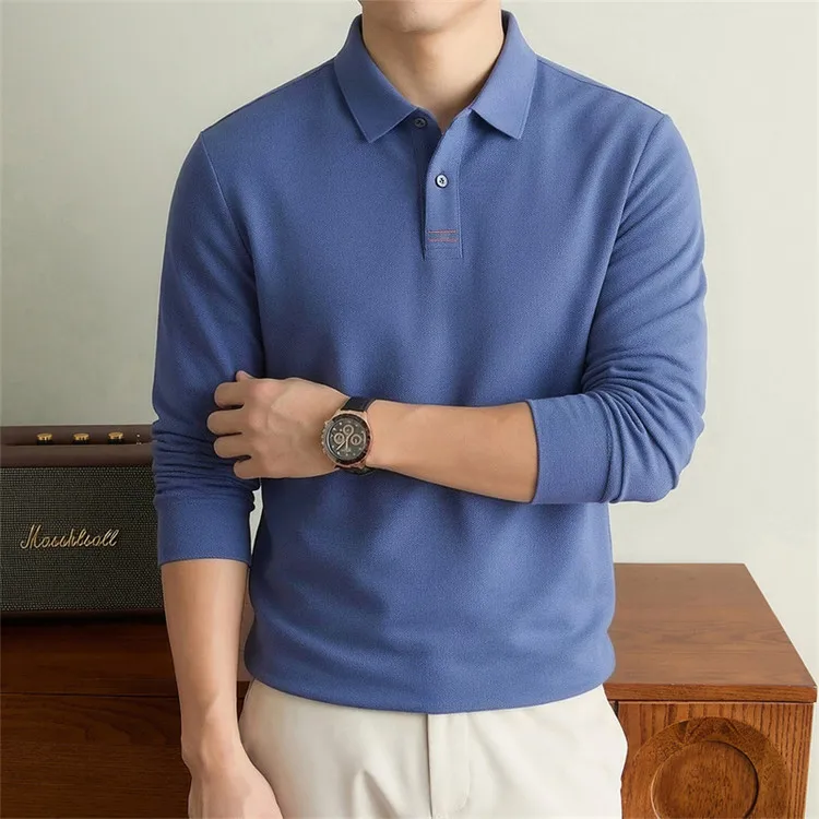 100% Mercerisierte Baumwolle Einfarbiges Business-Casual-Oberteil Herren Old Money Style Langarm-Poloshirt – Detail 31