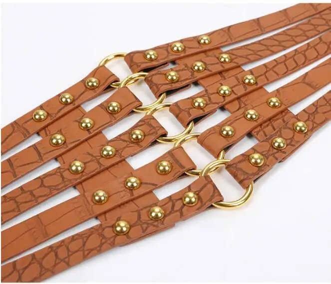 

Punk Style Belt Ladies PU Leather Rivets Elastic Strap Women Hollow Out Wide Band Fashion Slimming Belts for Dress Coat