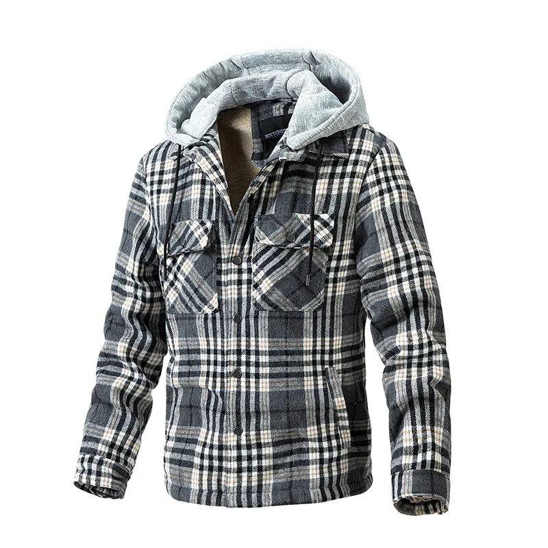 Men\'s Fleece Plaid Flannel Shirt Jacket Winter Casual Hooded Jacket Thicken Warm Removable Hat Overcoat Sherpa Outerwear MY985