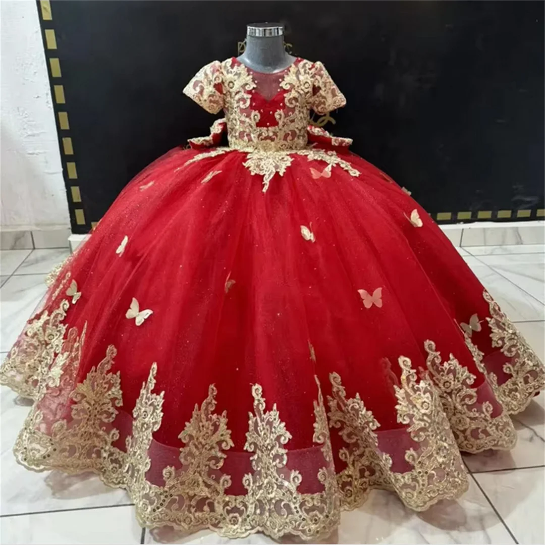 

Красное роскошное платье с цветочным узором для девочек по индивидуальному заказу, кружевные аппликации, трапециевидные тюлевые платья с короткими рукавами для свадебных девушек, великолепный день рождения