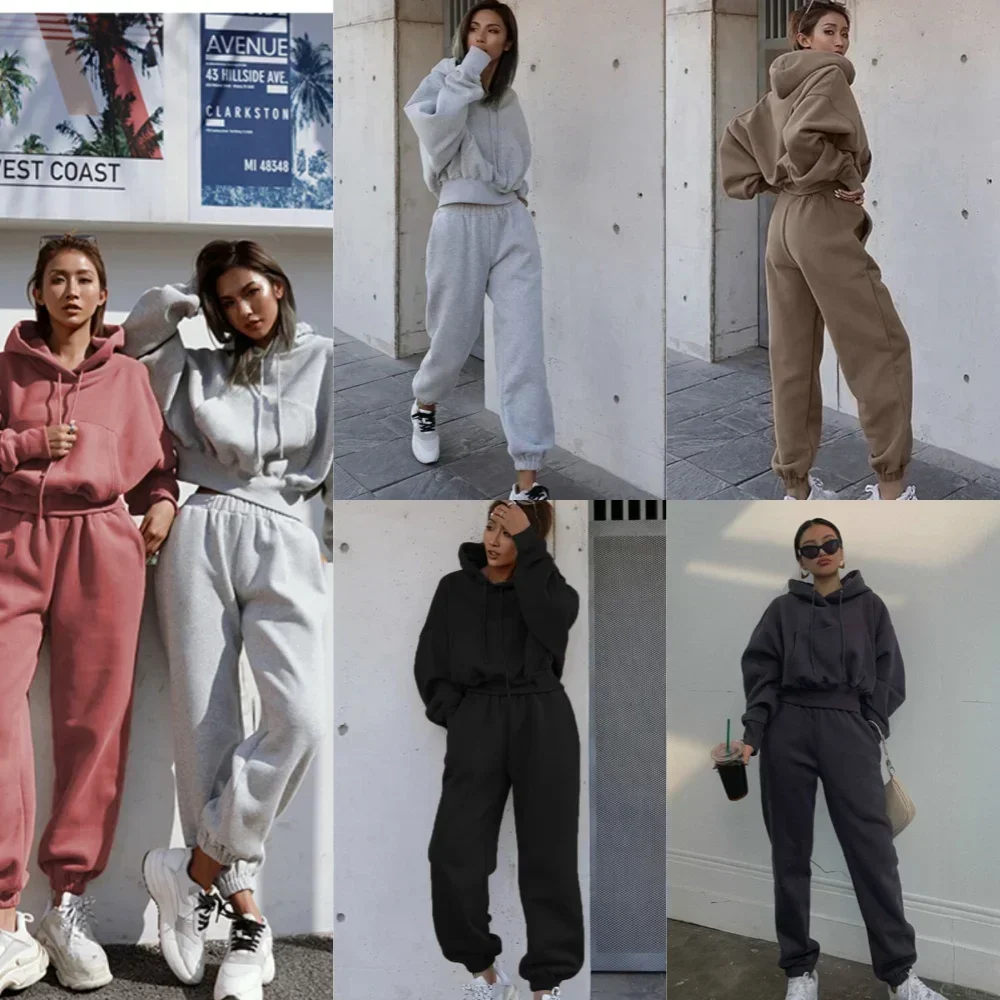 

Костюм с капюшоном, зима-весна, однотонный повседневный спортивный костюм, женский комплект из 2 предметов, спортивные толстовки, пуловер, спортивные штаны