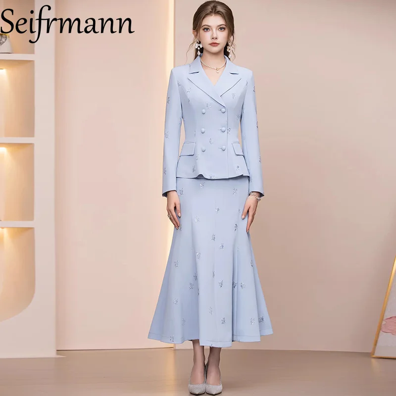 Seifrmann 2026 Spring Women's New Fashion Suit Collar Long Sleeve Double breasted Coat+Embroidered Fish Tail Half Skirt Set