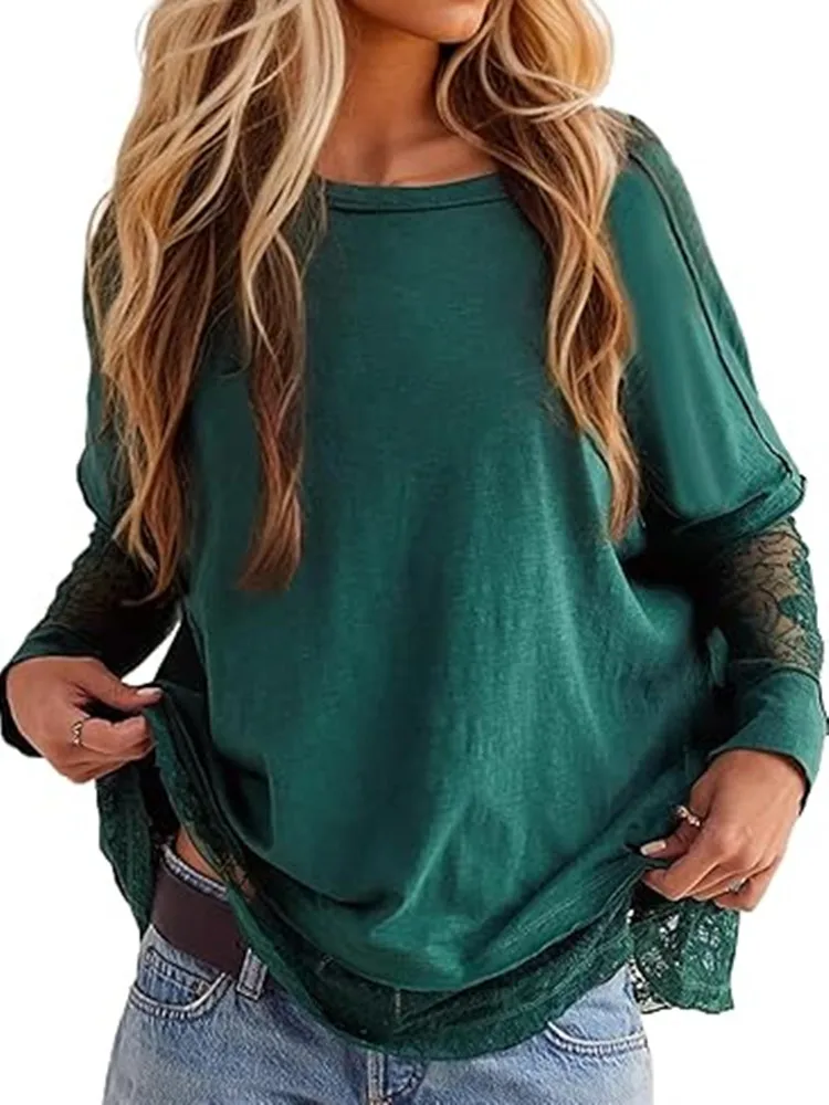 

2025 New Lace Stitching Long-sleeved T-shirt Women's Spring and Autumn Round Neck Loose Versatile Pullover Elegant Streetwear